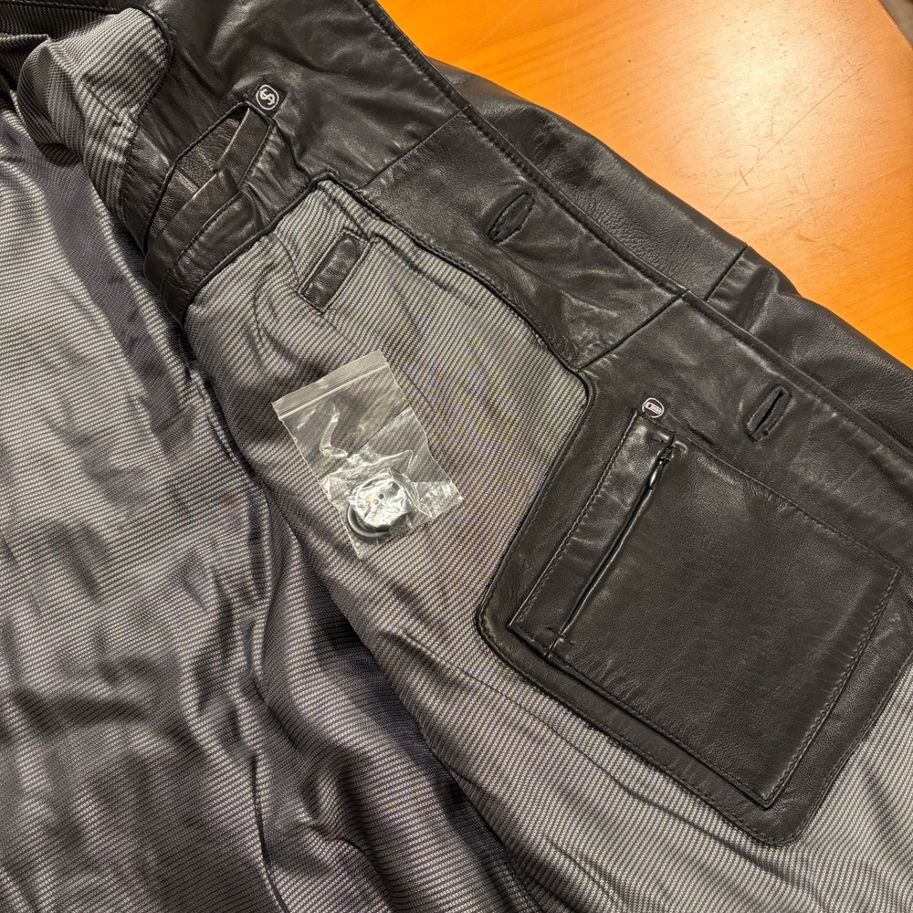 Pronto‎ Uomo Mens XXL Black Leather Jacket Mid Length Overcoat Collar Pockets - Picture 11 of 12